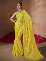 Saree Mall Women's Chiffon Lemon Yellow Embellished Designer Saree With Blouse Piece-SANVI1008