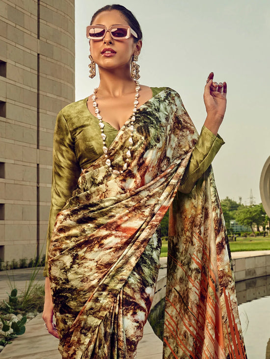 Saree Mall Women's Satin  Olive Printed Designer Saree With Blouse Piece-SATIN1401