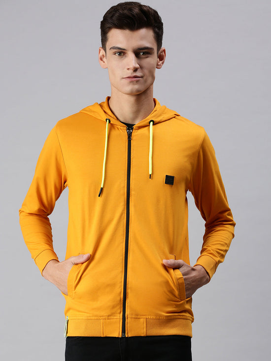 Men Hooded Solid Yellow Sweatshirt-SCPW140-Mustard