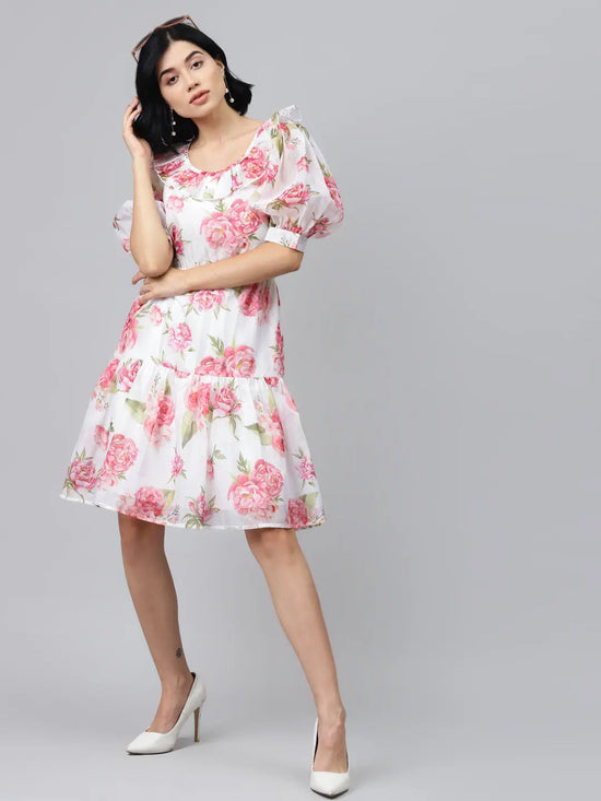 White Floral Puff Sleeve Tiered Dress