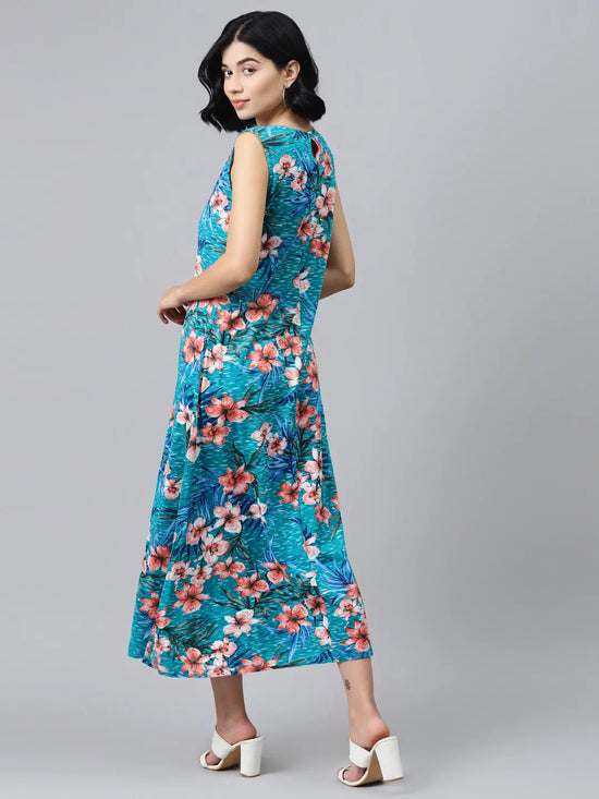 Blue Floral Sleeveless Jersey Maxi Dress