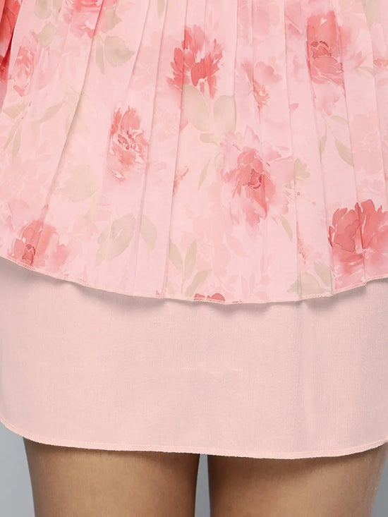 Pink Floral V-Neck Pleated Hem Dress