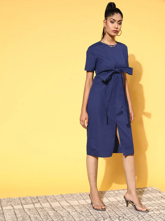 Women Navy Tie Up Detail Dress