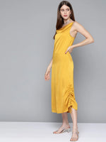 Mustard Satin Side Rouching Slip Dress