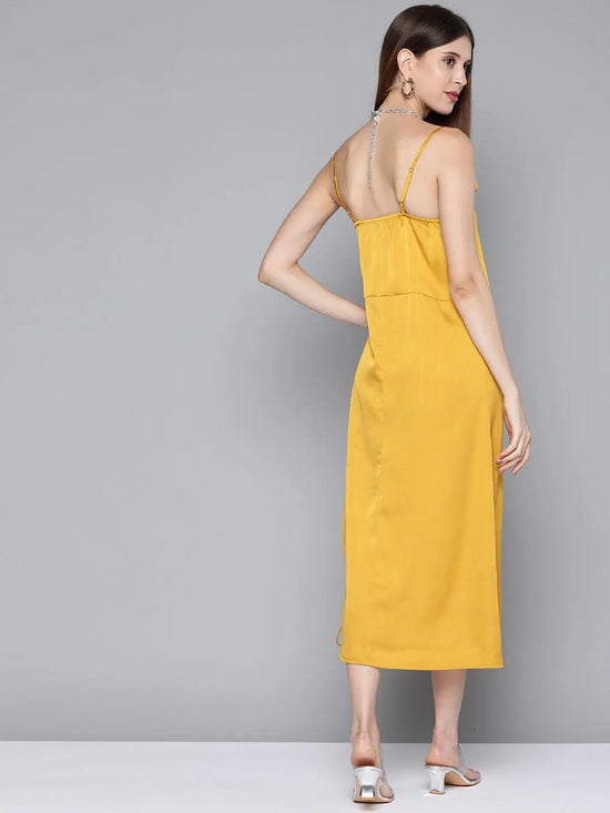 Mustard Satin Side Rouching Slip Dress