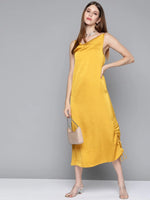 Mustard Satin Side Rouching Slip Dress