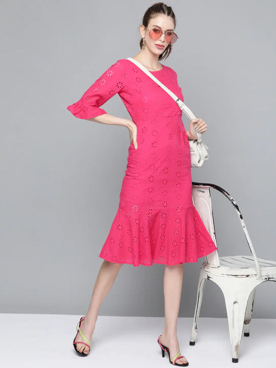 Fuchsia Schiffli Frill Hem Midi Dress