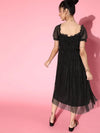 Women Black Mesh Lurex Bardot Midi Dress