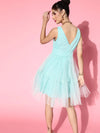 Women Sea Green V-Neck Tulle Belted Dress