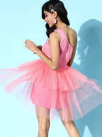 Pink Tulle One Shoulder Mini Skater Dress