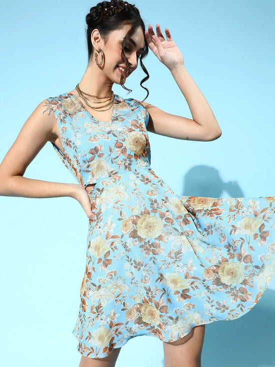 Blue Floral Organza Side Cut Out Dress