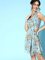 Blue Floral Organza Side Cut Out Dress