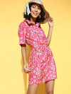 Women Fuchsia Floral Wrap Front Mini Dress