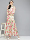 Women White & Pink Floral Cold Shoulder Maxi