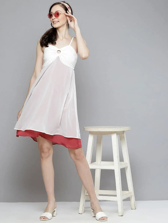 Women White & Rose Pink Layered Short Dress