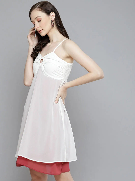 Women White & Rose Pink Layered Short Dress