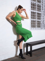 Women Green Rib One Shoulder Waist Cut Out Bodycon Dress