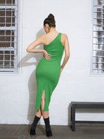 Women Green Rib One Shoulder Waist Cut Out Bodycon Dress