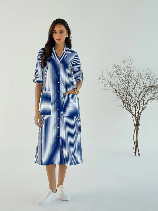 Women Blue & White Stripe Notch Collar Midi Dress-SFDRSS12394