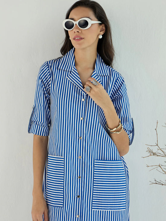 Women Blue & White Stripe Notch Collar Midi Dress-SFDRSS12394