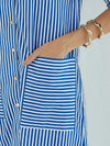 Women Blue & White Stripe Notch Collar Midi Dress-SFDRSS12394