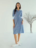 Women Blue & White Stripe Contrast Collar Midi Dress-SFDRSS12396