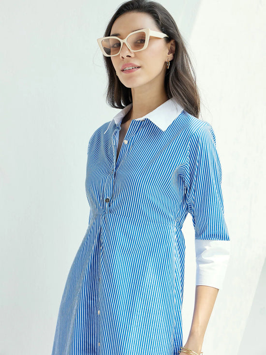 Women Blue & White Stripe Contrast Collar Midi Dress-SFDRSS12396