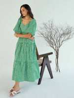 Women Green & White Stripe V-Neck Tiered Dress-SFDRSS12399