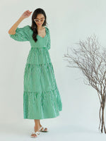 Women Green & White Stripe V-Neck Tiered Dress-SFDRSS12399