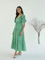 Women Green & White Stripe V-Neck Tiered Dress-SFDRSS12399