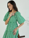 Women Green & White Stripe V-Neck Tiered Dress-SFDRSS12399