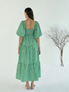 Women Green & White Stripe V-Neck Tiered Dress-SFDRSS12399