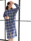 Women Blue & Beige Check Mandarin Collar Longline Shirt Dress-SFDRSS12413