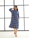 Women Blue & Beige Check Mandarin Collar Longline Shirt Dress-SFDRSS12413