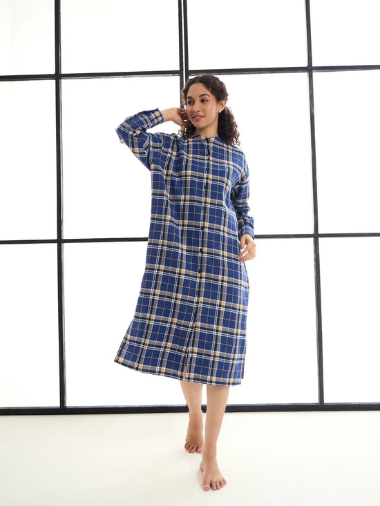 Women Blue & Beige Check Mandarin Collar Longline Shirt Dress-SFDRSS12413