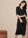 Women Black Denim V-Neck Below Knee Dress-SFDRSS12422