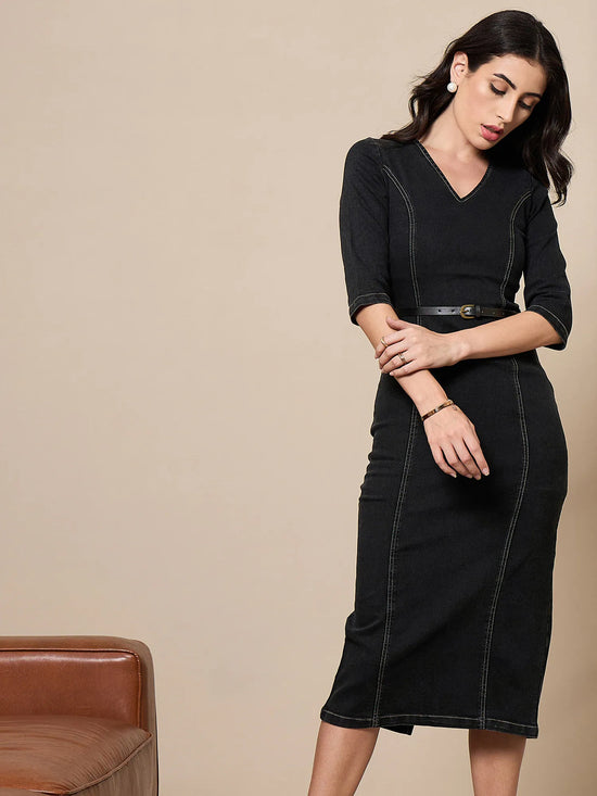 Women Black Denim V-Neck Below Knee Dress-SFDRSS12422