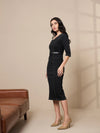 Women Black Denim V-Neck Below Knee Dress-SFDRSS12422