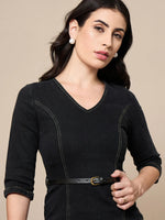 Women Black Denim V-Neck Below Knee Dress-SFDRSS12422