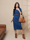 Women Blue Denim V-Neck Below Knee Dress-SFDRSS12423