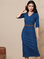 Women Blue Denim V-Neck Below Knee Dress-SFDRSS12423