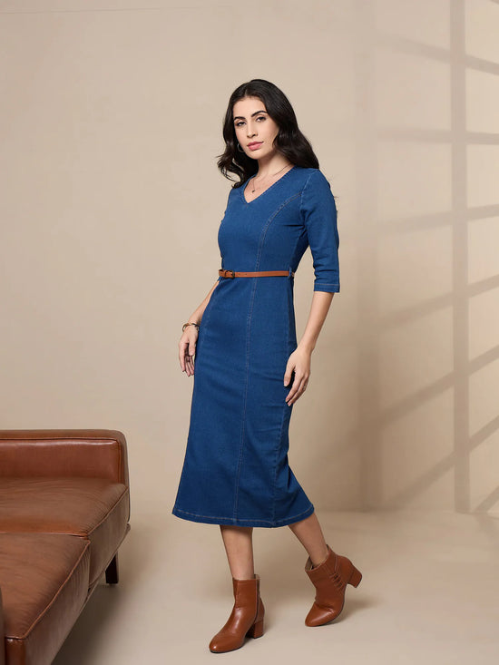 Women Blue Denim V-Neck Below Knee Dress-SFDRSS12423