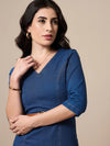 Women Blue Denim V-Neck Below Knee Dress-SFDRSS12423