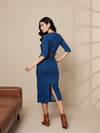 Women Blue Denim V-Neck Below Knee Dress-SFDRSS12423