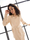 Women Beige Belted Satin Shirt Dress-SFDRSS12430