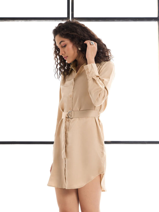 Women Beige Belted Satin Shirt Dress-SFDRSS12430