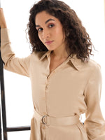 Women Beige Belted Satin Shirt Dress-SFDRSS12430