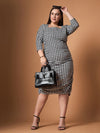 Women Black & White Houndstooth Ruched Dress-SFDRSS12456