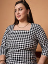 Women Black & White Houndstooth Ruched Dress-SFDRSS12456