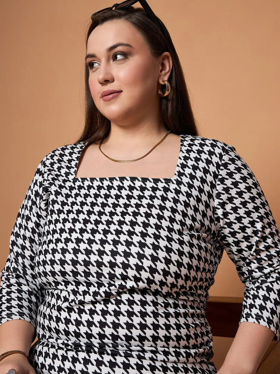 Women Black & White Houndstooth Ruched Dress-SFDRSS12456